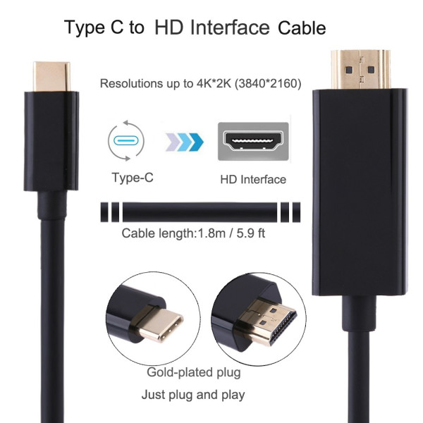 USB Type-C към HDMI кабел, 1,8m, Позлатен CA78 5