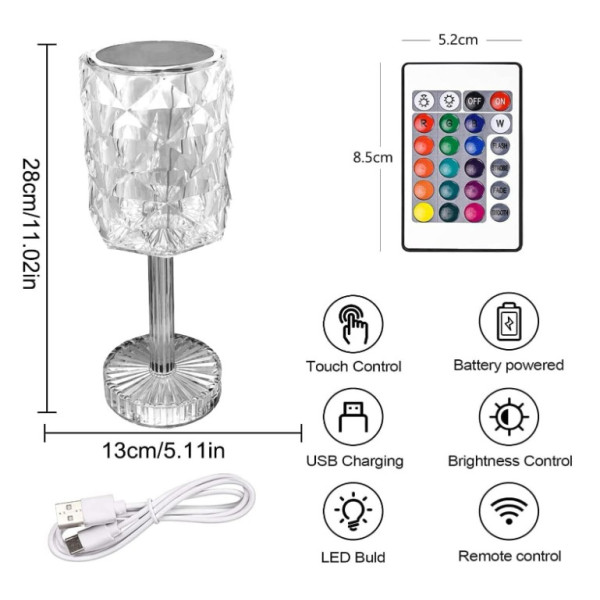 LED RGB сензорна настолна кристална лампа с функция за 16 цвята и дистанционно управление TV1297
