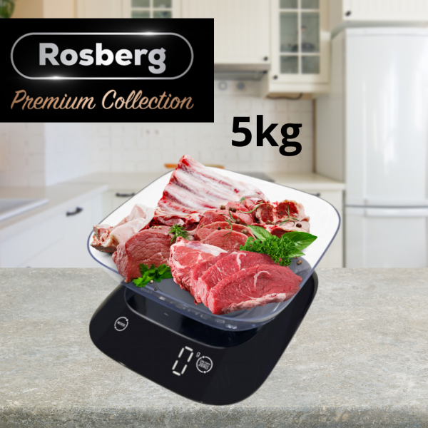 Кухненска везна с купа Rosberg Premium RP51651J , 5кг., 3xAAAбатерии , LED екран, Черен