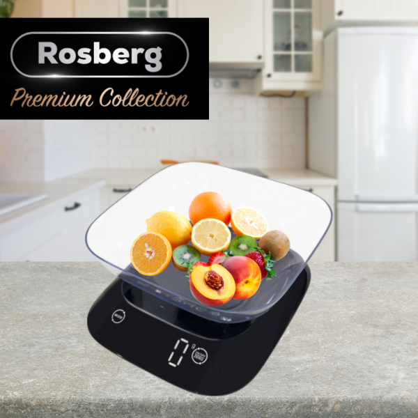 Кухненска везна с купа Rosberg Premium RP51651J , 5кг., 3xAAAбатерии , LED екран, Черен 4