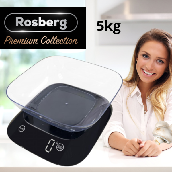 Кухненска везна с купа Rosberg Premium RP51651J , 5кг., 3xAAAбатерии , LED екран, Черен