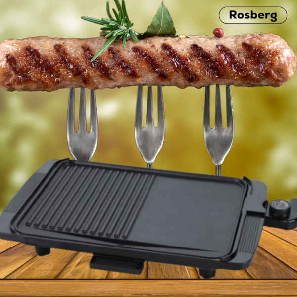 Бездимна електрическа скара Rosberg R51015I, 1500W, 36x26см. плоча с 2 зони на печене, Незалепващо покритие 2