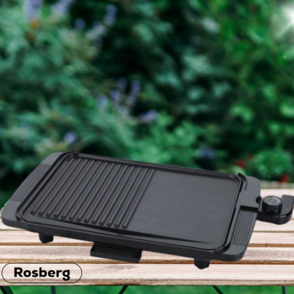 Бездимна електрическа скара Rosberg R51015I, 1500W, 36x26см. плоча с 2 зони на печене, Незалепващо покритие