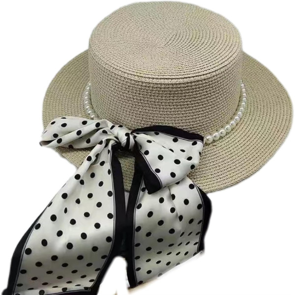 Елегнтна дамска сламена шапка в стилен дизайн с перли и пандела на точки ILF-13263 4