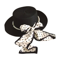 Елегнтна дамска сламена шапка в стилен дизайн с перли и пандела на точки ILF-13263