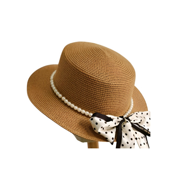 Елегнтна дамска сламена шапка в стилен дизайн с перли и пандела на точки ILF-13263
