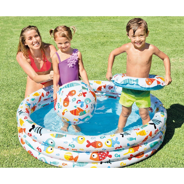 Насладете се на лятното забавление с надуваемия комплект детски басейн,топка и пояс