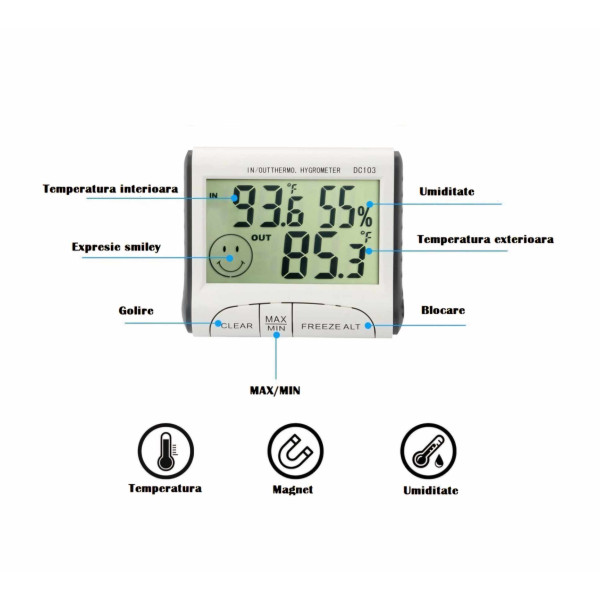 Дигитален вътрешен и външен термометър и влагомер