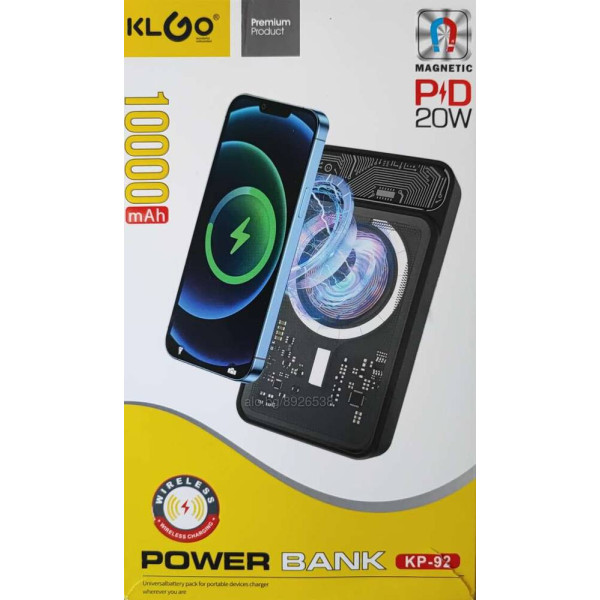 Външна батерия с безжично зареждане, Power bank KLGO KP-92 10000mAh