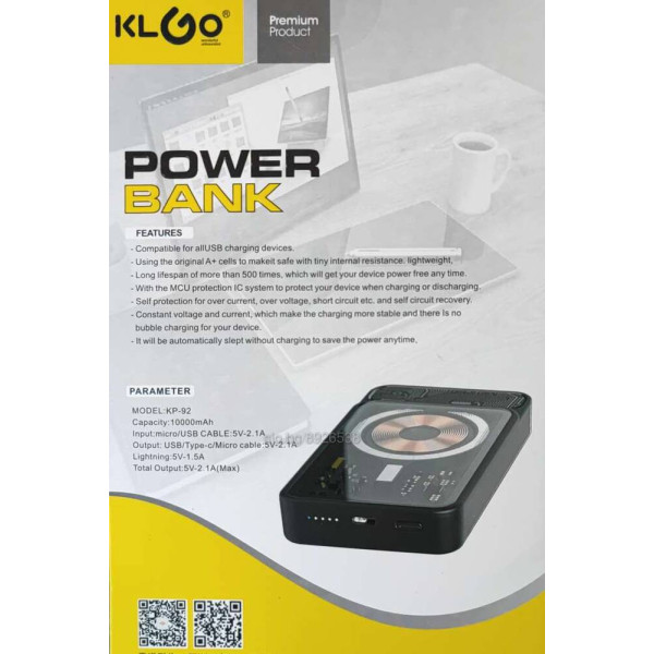 Външна батерия с безжично зареждане, Power bank KLGO KP-92 10000mAh 5