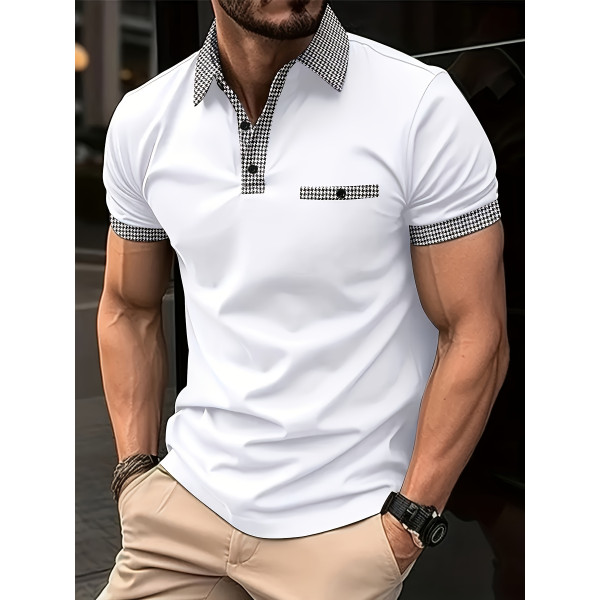 Мъжка ежедневна карирана риза с ревер,4 копчета,винтидж стил и къс ръкав