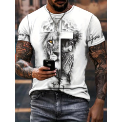 Стилна мъжка елегантна тениска с къс ръкав, шарка на кръст и лъв