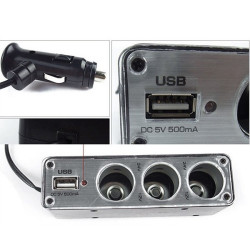 Троен разклонител за запалка за кола и USB CA99 9