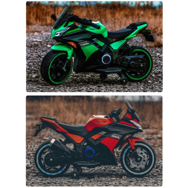 Акумулаторен мотор Kawasaki Ninja с меки гуми и кожена седалка 12V