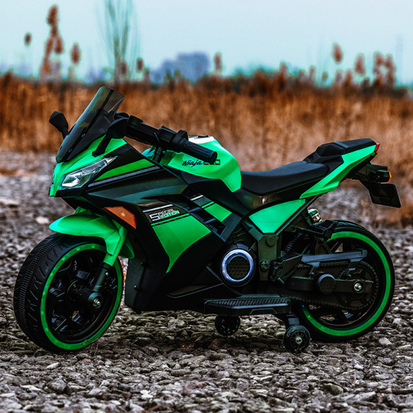 Акумулаторен мотор Kawasaki Ninja с меки гуми и кожена седалка 12V