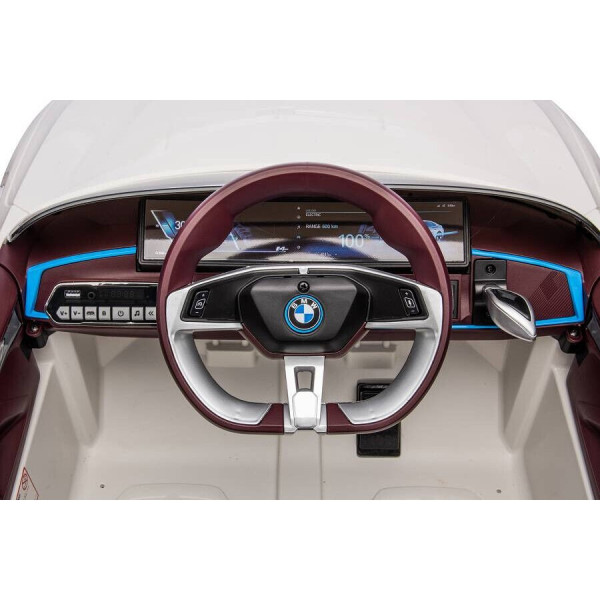 Акумулаторна кола BMW I4 12V с отварящи се врати меки гуми и кожена седалка 4x4