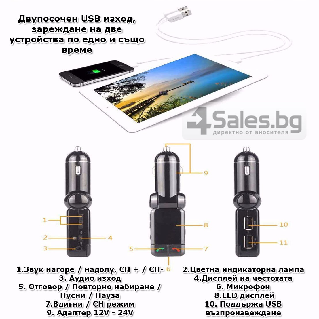 Блутут за кола (MP3player FM предавател зарядно USB и Bluetooth) HF4 19