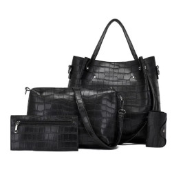 Комплект от дамски чанти в черен цвят, с кроко ефект, Bag112