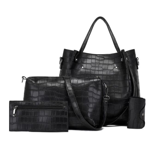 Комплект от дамски чанти в черен цвят, с кроко ефект, Bag112 1 — 4sales Комплект от дамски чанти в черен цвят, с кроко ефект, Bag112 1