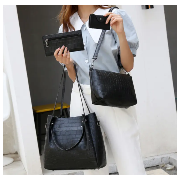 Комплект от дамски чанти в черен цвят, с кроко ефект, Bag112 4 — 4sales Комплект от дамски чанти в черен цвят, с кроко ефект, Bag112 4