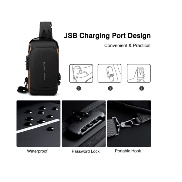Мъжка чанта за през рамо, Crossbody, с USB поддръжка за зареждане, джоб против кражба, водоустойчивa 1