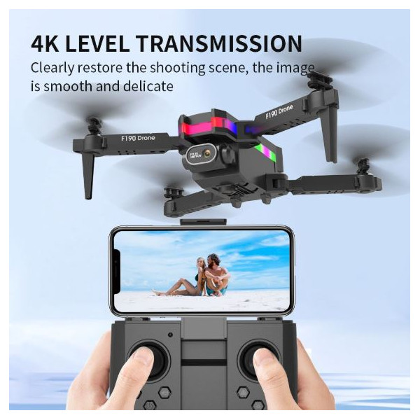 Дрон F190 с 4K камера, LED светлини и WiFi – Черен модел с висока маневреност и интелигентни функции