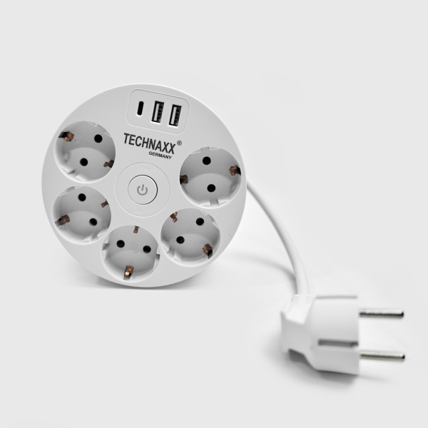 Кабелна макара Technaxx, с множество гнезда, удължителен кабел 140 cm, USB 5x 230V 8