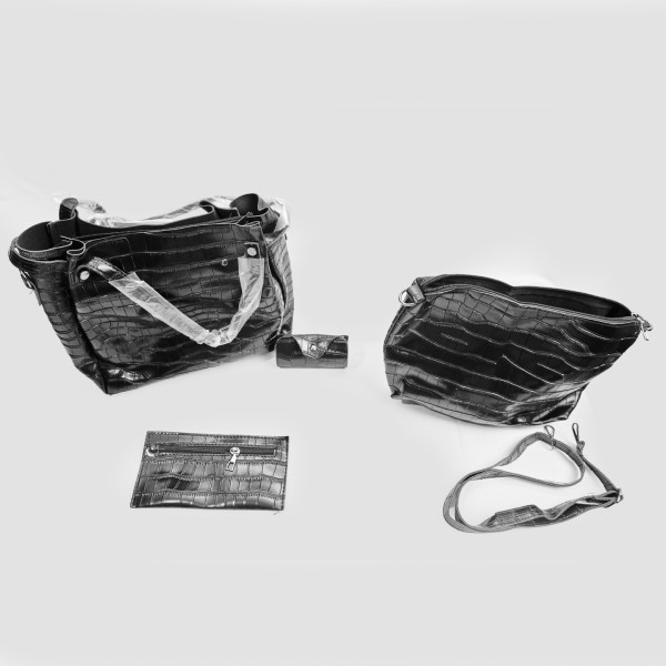Комплект от дамски чанти в черен цвят, с кроко ефект, Bag112