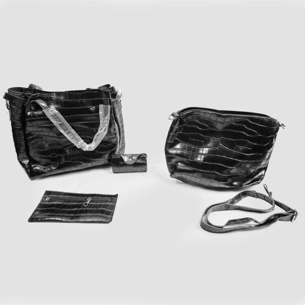 Комплект от дамски чанти в черен цвят, с кроко ефект, Bag112