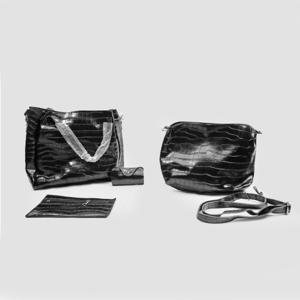 Комплект от дамски чанти в черен цвят, с кроко ефект, Bag112