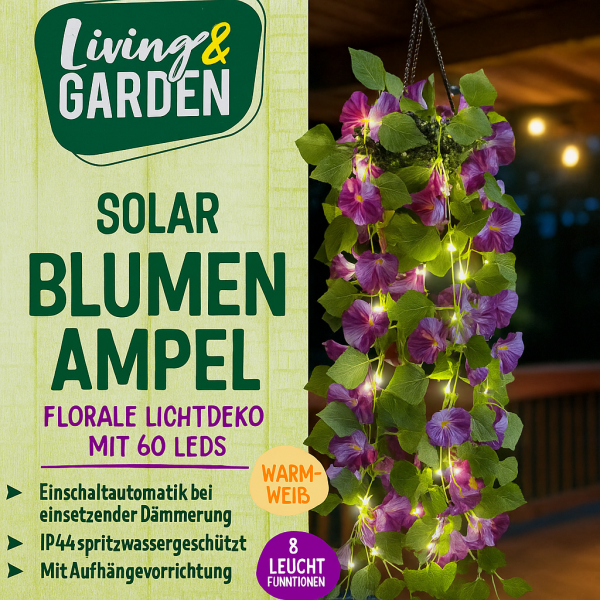 Соларна висяща саксия с вградено LED осветление – 60 топло бели LED светлини, Living & Garden
