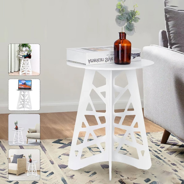 Стилна кръгла холна маса с ажурни крака и бял елегантен акцент