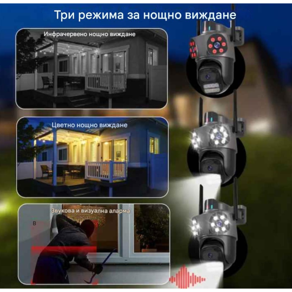 Тройна външна WiFi камера 9MP с аларма, 24 диода, iCSee, 64GB памет, 3008