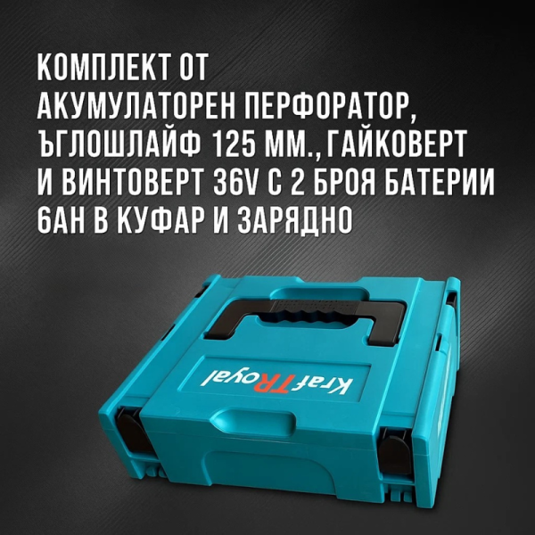 Комплект от акумулаторен перфоратор, ъглошлайф 125 мм., гайковерт и винтоверт 36V с 2 броя батерии 6Ah в куфар и зарядно CASE31 3 — 4sales Комплект от акумулаторен перфоратор, ъглошлайф 125 мм., гайковерт и винтоверт 36V с 2 броя батерии 6Ah в куфар и зарядно CASE31 3