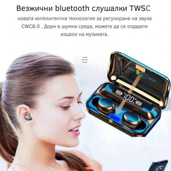 Bезжични bluetooth слушалки TWS – 9D Стерео спортни слушалки с кутия за зареждане и микрофон BTH-F9-5 EP27E
