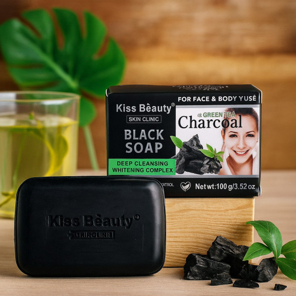 Сапун за лице и тяло с активен въглен и зелен чай – Kiss Beauty Black Soap