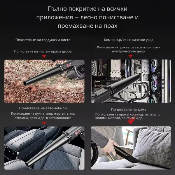 Безжична вентилаторна прахосмукачка 2 в 1 – Издухване и Всмукване с Мощна 21V Батерия