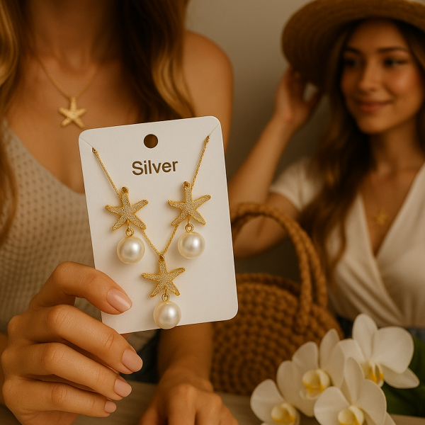 Комплект колие и обеци с морски звезди и перли