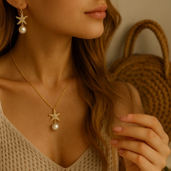 Комплект колие и обеци с морски звезди и перли