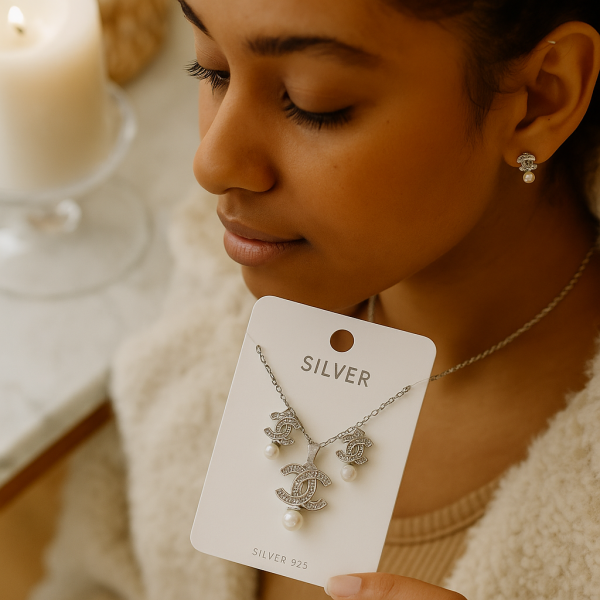 Луксозен сребрист комплект бижута с перли - колие и обеци 3