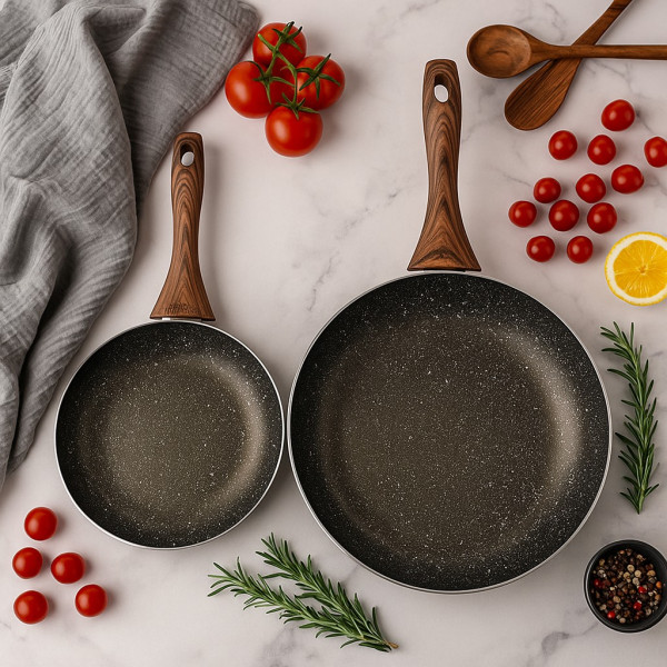 Комплект тигани 9Tnine-4419, 22/26см, Мраморно покритие, Кован алуминий