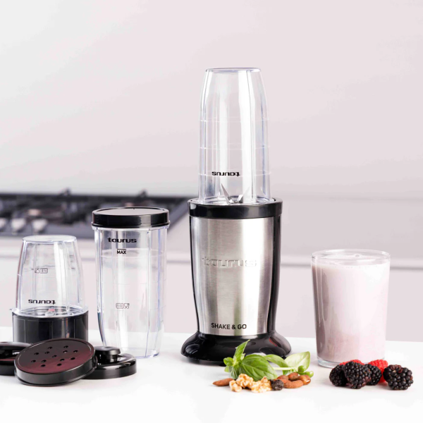 Блендер Taurus Shake & Go – 800W мощност, пулсова технология и аксесоари за смутита, ядки и подправки