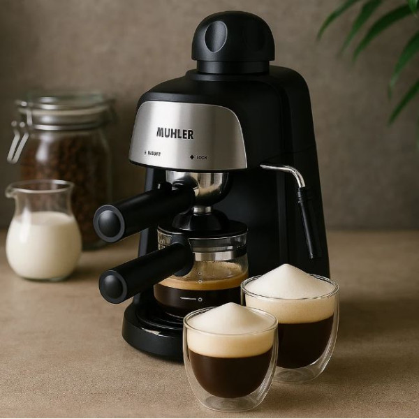Комплект еспресо машина MUHLER MCM-33 + 2 стъклени чаши Luigi Ferrero Caffeina 80ml FR-8012 ПОДАРЪК 1