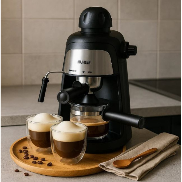 Комплект еспресо машина MUHLER MCM-33 + 2 стъклени чаши Luigi Ferrero Caffeina 80ml FR-8012 ПОДАРЪК