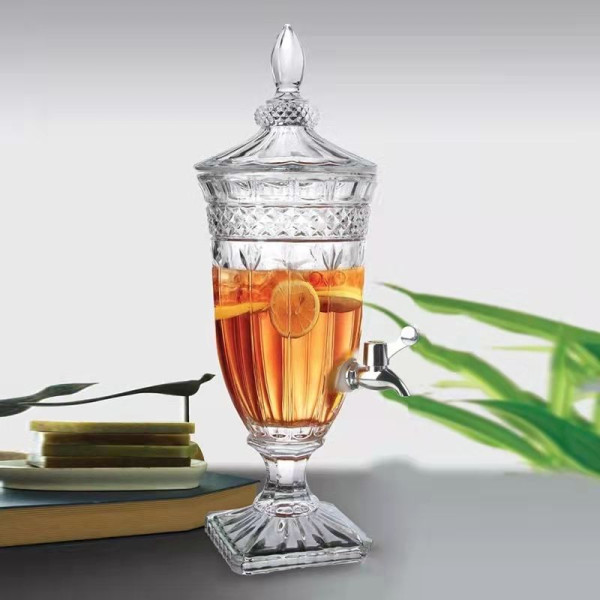 Луксозен стъклен диспенсър за сок и напитки 3L с капак и кранче 4