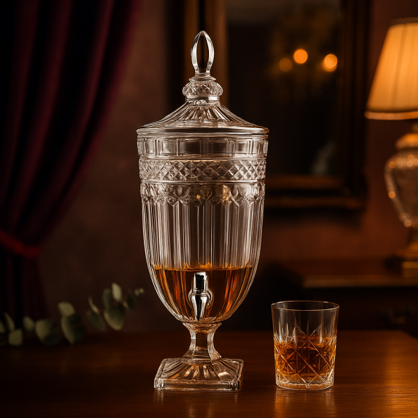 Луксозен стъклен диспенсър за сок и напитки 3L с капак и кранче 1
