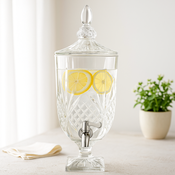 Луксозен стъклен диспенсър за сок и напитки 3L с капак и кранче
