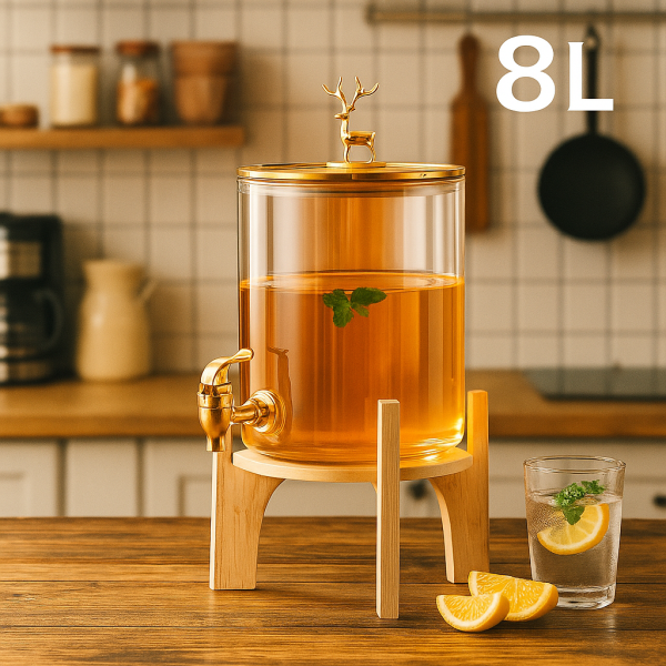 Голям диспенсър за напитки 8L с дървена стойка и златист кран