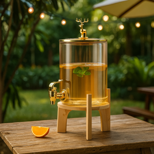 Голям диспенсър за напитки 8L с дървена стойка и златист кран 1