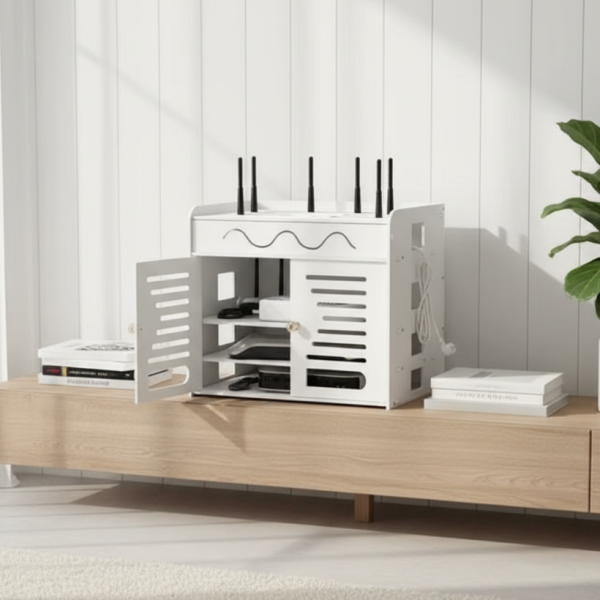 Органайзер шкаф за Wi-Fi рутер и кабели – 3 нива, бял дизайн 1